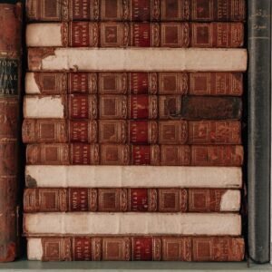 brown and white books on shelf
